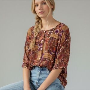 Vintage Abstract Tribal Print Button Down Blouse